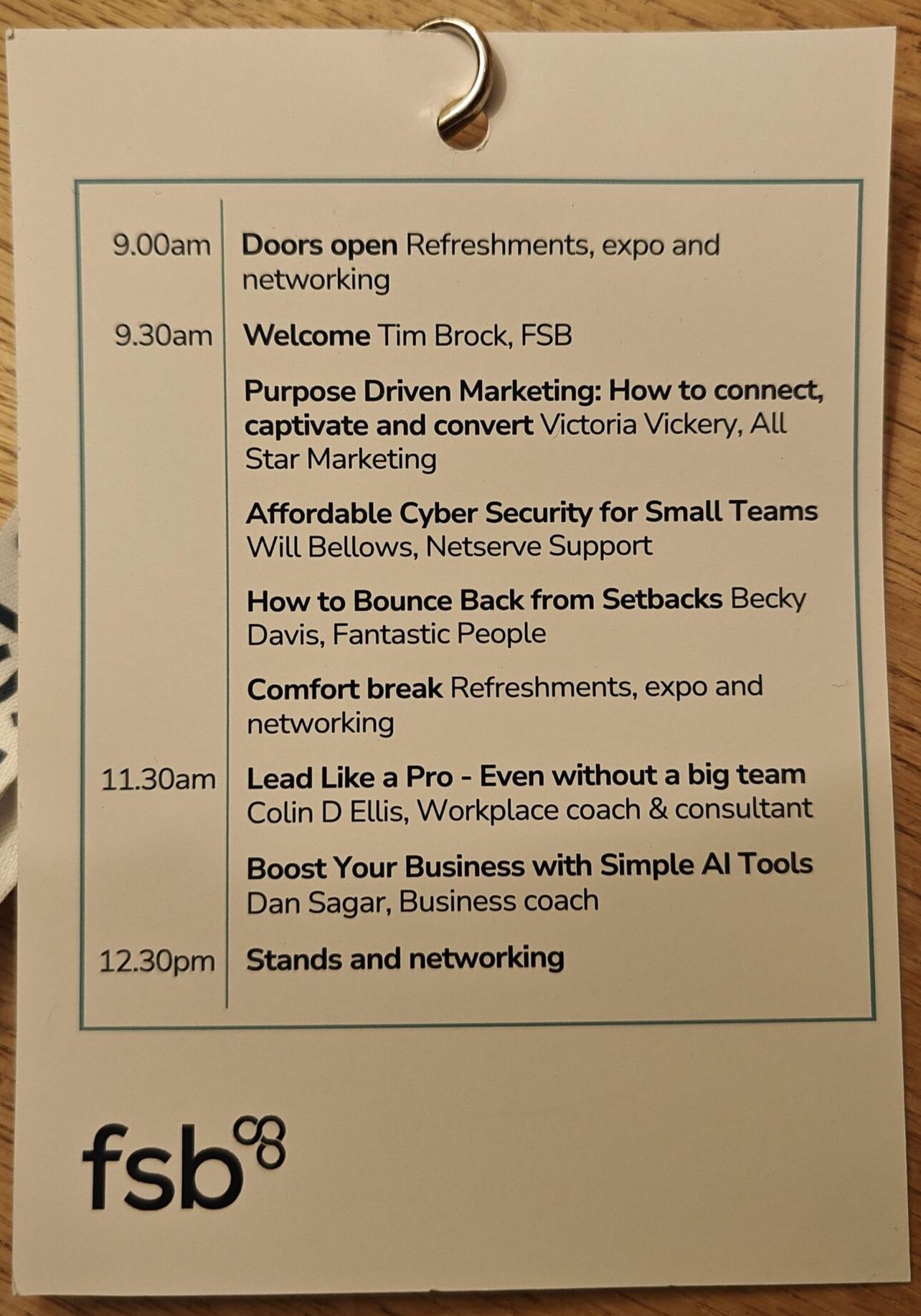 The FSB event agenda - Will's session on Affordable Cyber Security for Small Teams
